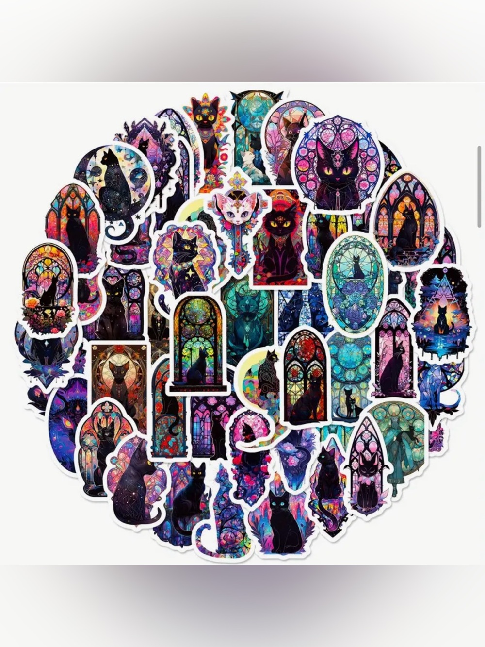 50 Mystic Cats in Front of Stained Glass Windows Stickers Vibrant Colors Kitty